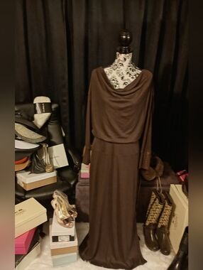 Elegant Brown Draped Long Sleeve Maxi Dress W/ Split On One Side.